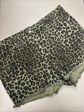 Good American Short Olive Green Leopard Animal Print Fringe Cut Off Shorts NWOT